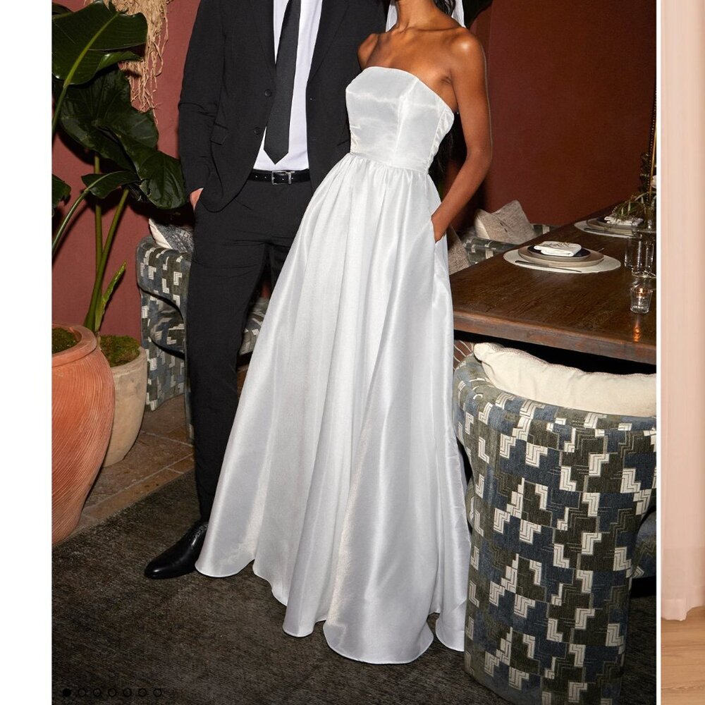 Strapless White Satin Evening Gown
